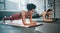 Girl friends, plank and gym fitness of women doing exercise, workout and body wellness. Motivation, woman focus and