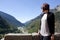 Girl in front of Canfranc station in Pyrenees