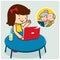 Girl in front of her computer chatting with her grandparents. Vector illustration