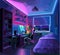 Girl gamer or streamer with a headset sits in front of a computer in a cozy room