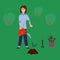 Girl gardener. Illustration of a man in a park planting trees. Poster on the nature of a man with a watering can