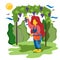 Girl gathers grapes in the garden. Illustration in flat style.