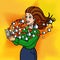 The girl gets to like and hearts in social networks. A beautiful lady is holding a phone and laughing. Vector background in comic