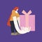 girl with a gift in a flat style with lines and disproportionate hands, design illustration for the holidays, website, advertising