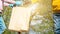 Girl gives brown paper bag with food to pensioner closeup