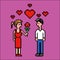 Girl gives flower to a boy, valentines day, pixel art vector illustration