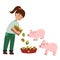 Girl gives food to pigs. Farmer feeds the animals. Farm characters isolated elements in cartoon style