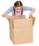 Girl glance at cardboard box