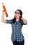 Girl with Glasses Holding Giant Orange Pencil