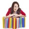 Girl in glasses with pile book .