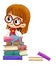 Girl with glasses sitting on a pile of books thinking about something interesting
