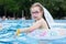 girl with glasses swimming in the pool