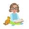 Girl In Glasses With Teddy Bear Reading A Book, Part Of Kids Loving To Read Vector Illustrations Series
