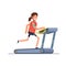 The girl goes in for sports on a treadmill while listening to music through the phone.