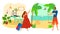 Girl goes from work to rest summer vacation concept, travel tour, happy trip, man on beach, cartoon style vector