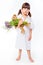 Girl in gown with bouquet and Teddy