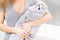 Girl groomer holds small dog towel after washing wool in shower for further hair cutting