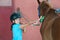 Girl grooming an horse