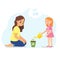 Girl grows a potted plant with her mother. Watering the first sprout