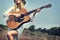 Girl Guitar Hill Vacation Music Song Happiness Concept