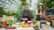 Girl and guy farmers talking putting organic food on table at greenhouse sale