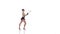 Girl gymnast with mace in hand revolve around him. White background. Slow motion