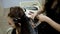 Girl hairdresser weaves dreadlocks client in the salon