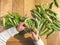 Girl hands selecting peas, healthy legume