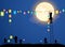 Girl hanging the Chinese lantern under moonlight vector illustration