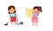 Girl hanging clothes out to dry and vacuuming floor. Kids helping parents with housework, household chores cartoon