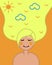 Girl happy, joyful, good mental health, psychology dreams. Blonde smiles, sun and cloud with birds on orange background.