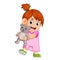 A girl happy playing with a gray teddy bear