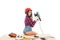 girl in hardhat posing with grind tool on wooden table with tools,