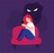 Girl has FOMO symptoms and can\\\'t sleep. Young woman feeling solitude, worried and unsafe with a dark shadow behind her.