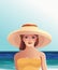 Girl in hat on beach vacation sunny