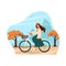 Girl in a hat and dress rides a bicycle, autumn landscape. Woman on a bicycle carries apples in a basket. Vector