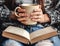 Girl having a break with cup of fresh coffee after reading books or studying