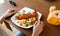 Girl having jungle prawns in a restaurant