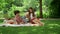 Girl having serious talk with guy in park. Woman and man sitting at blanket