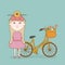 Girl with head flowers and bicycle with basket cartoon