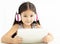 girl in headphone and using tablet