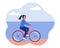 A girl in headphones rides a bicycle along the beach, the shore. The concept of a healthy active lifestyle. Vector image