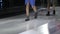 Girl heels sexy step foot closeup on defile catwalk in light spotlight scene 4K.
