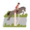 Girl in helmet sitting on grey horse back and jumping over obstacles