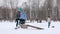 Girl helps her little brother to run on log during snowfall in winter park