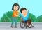 Girl helps sick man in wheelchair. Care for disabled people. Flat style. Cartoon vector illustration