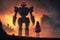 A girl and her robot companion standing on a rocky path, admiring ominous castles against a blazing sky