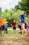 Girl hits ball in volleyball at amateur beach volleyball competitions