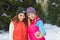 Girl Hold Smart Phone Camera Taking Selfie Photo Snow Forest Young Woman Couple Outdoor Winter