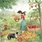 Girl holding a basket of apples next to a dog in an apple orchard. AI generated